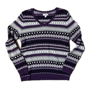 Croft & Barrow Purple and White V-Neck Sweater
